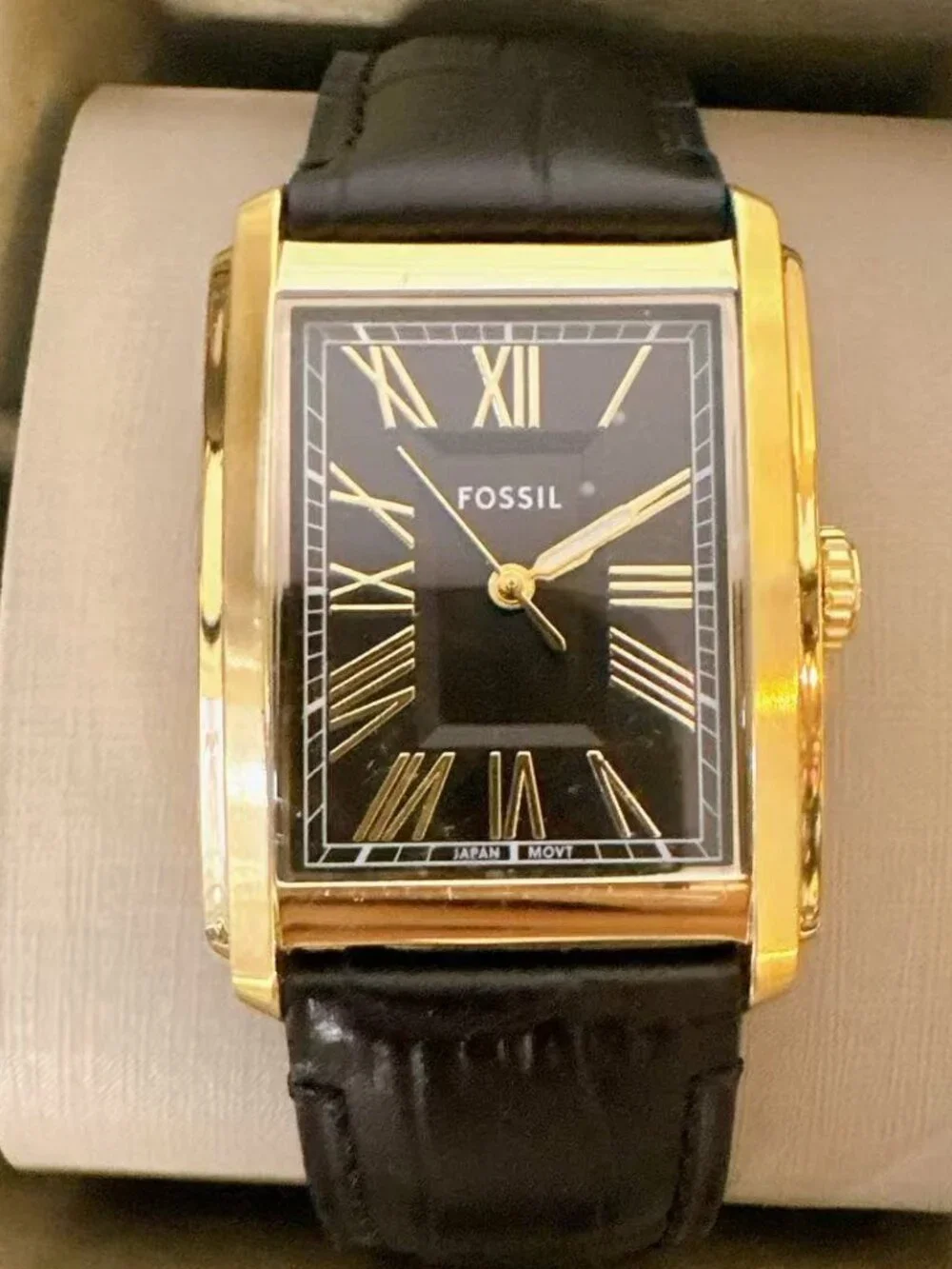 Fossil Carraway FS6091 Rectangular Gold Tone Leather Watch Black Dial